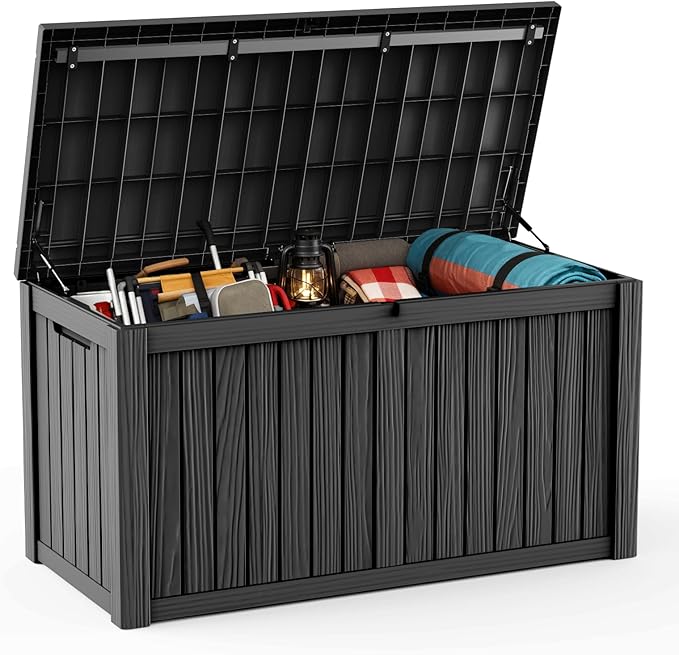 DRATO 150 Gallon Outdoor Storage Box, Large Waterproof Deck Box, Lockable Resin Storage Container with Reinforced Support for Patio Cushions, Garden Tools, UV-Resistant Outdoor Chest（Black，150 Gallon）