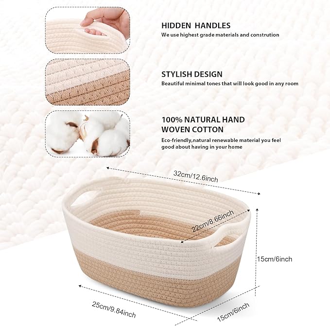 12 Pack Easter Woven Baskets for Gifts Empty Large Cotton Rope Square Storage Baskets with Handle for Organizing Shelves, Toys, Books, Towels, Clothes, 12.6" L x 8.7" w x 6" h(Boho)