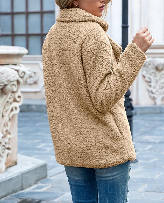 Women's Winter Warm Plush Cardigan Fuzzy Fleece Lapel Jacket with Buttons Pockets Long Sleeve Casual Outerwear