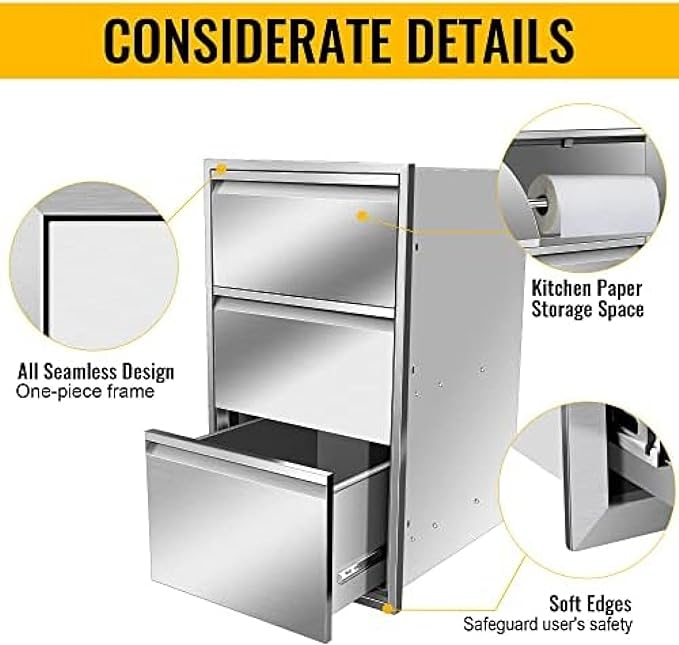 Outdoor Kitchen Drawers, Box Frame Style Flush Mount BBQ Drawer w/Stainless Steel Handle, BBQ Island Drawers For Patio Grill Station,Three Drawers