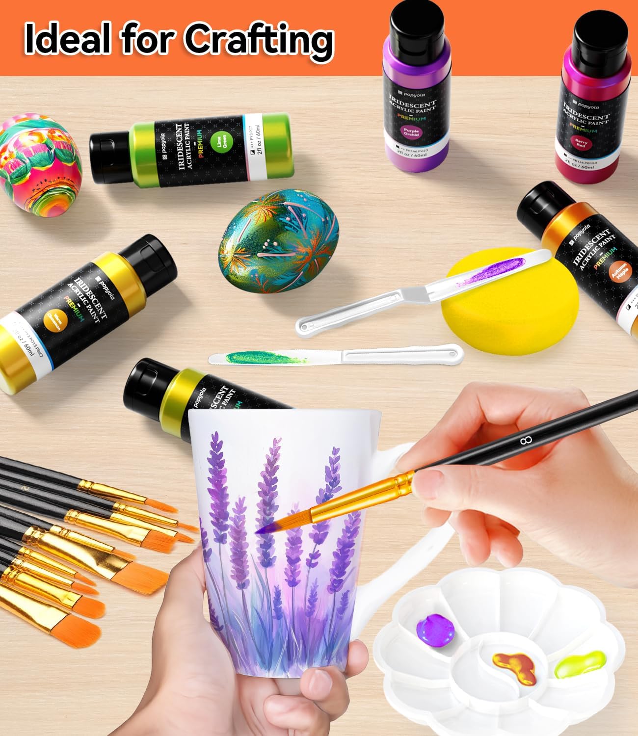 40 PCS Iridescent Acrylic Paint Set with 12 Brushes, 2 Knives & Palette, 24 Colors (2oz/60ml) Art Craft Paint for Adults Kids Artists Beginners, Halloween Pumpkin Canvas Ceramic Rock Painting Kit