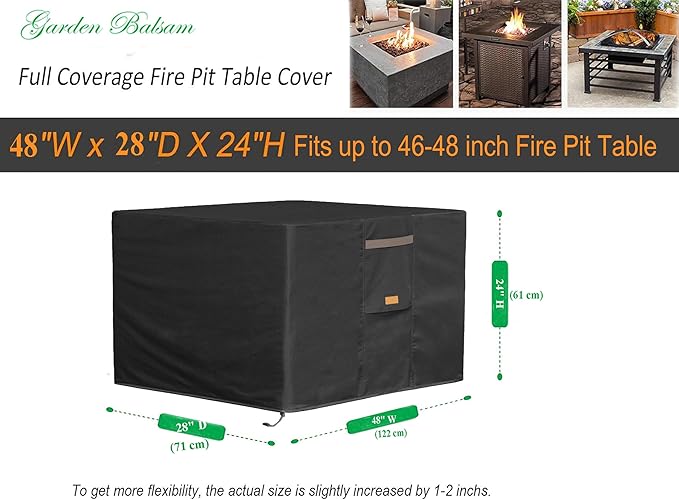 Fire Pit Cover 600D Heavy Duty Waterproof Fabric With PVC Coating Rectangular 48" Wx 28" D x 24" H Black Fits for 46-48 Inch Fire Pit Table Fade Resistant Outdoor Firepit Cover