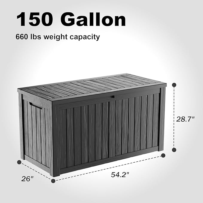 150 GallonOutdoor Storage Box,Resin Deck Boxes Waterproof, IndoorOutdoor Bin for Package Delivery, Patio Cushions, Gardening Tools, Lockable, UV Resistant
