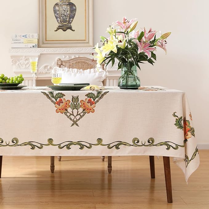 patdrea Designer Vintage Linen Rectangle Tablecloth,French Floral Tablecloths,Wrinkle Free Table Cloth,Decorative Table Cover Cloth for Kitchen,Dining,Tea Party,Home,Christmas,67"*118"