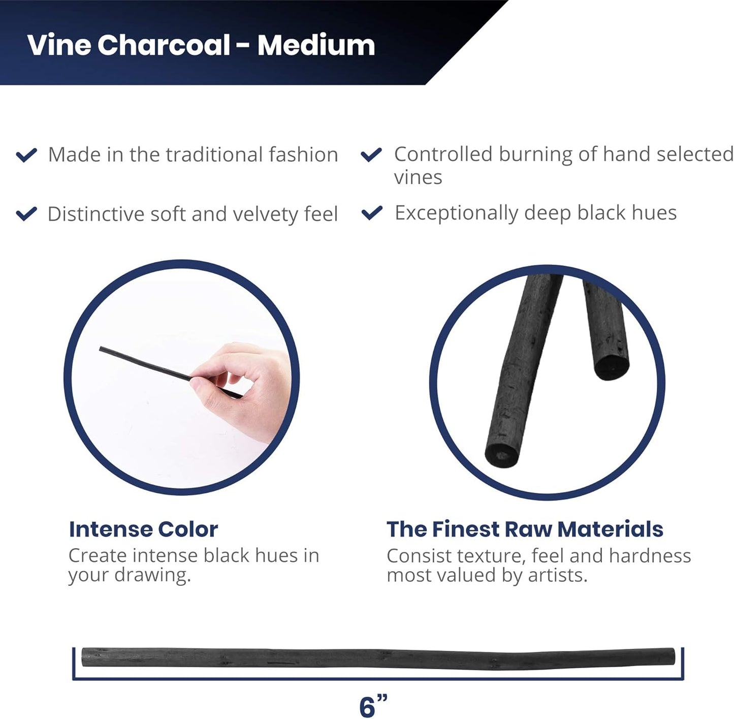 Pacific Arc Artist Vine Charcoal, Medium, Black 4 Charcoal Sticks for Drawing, Sketching, and Fine Art