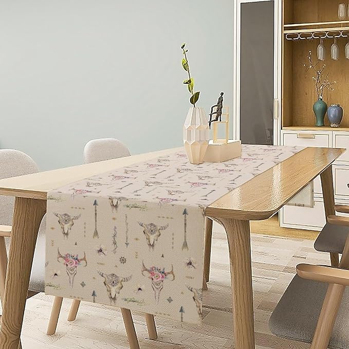 Western Boho Table Runner, Aztec Native Tribal Bull Skull Southwestern Bohemian Geometric Floral Pattern Table Runner for Home Kitchen Dining Party Farmhouse Cafe 13x90in