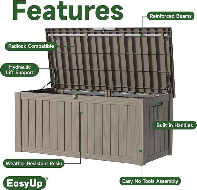 EasyUp 150 Gallon Outdoor Storage Box Waterproof, UV Resistant Resin Deck Box with Hydraulic Rod, Reinforced Stability for Patio, Garden, and Pool, Striped Gray