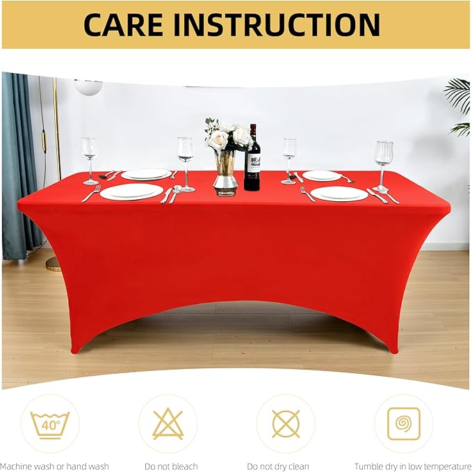 2-Pack 8ft Red Spandex Table Covers for Rectangle Folding Tables - Washable Elastic Tablecloth - Ultimate Fitted Table Protector for Birthday Parties, Trade Shows, Banquet