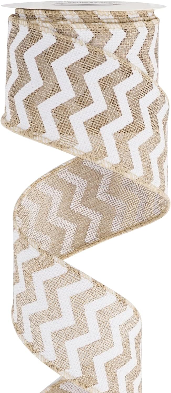 MEEDEE Burlap Ribbon with White Chevron Pattern - 2.5 Inch Wired Ribbon for Cakes, Wreaths, Rustic Decor, Baby Showers, Beach Parties, Farmhouse Gifts - 10 Yards