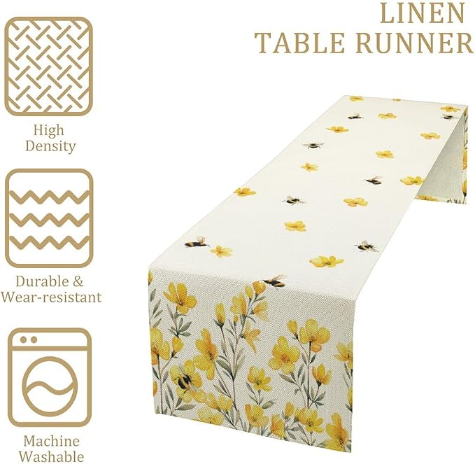 Yellow Wild Flowers Table Runner, Rustic Farmhouse Watercolor Daisy Floral Branches Bees Print Table Runner for Kitchen Dining Room Party Picnic Table Decor, 13x36inch