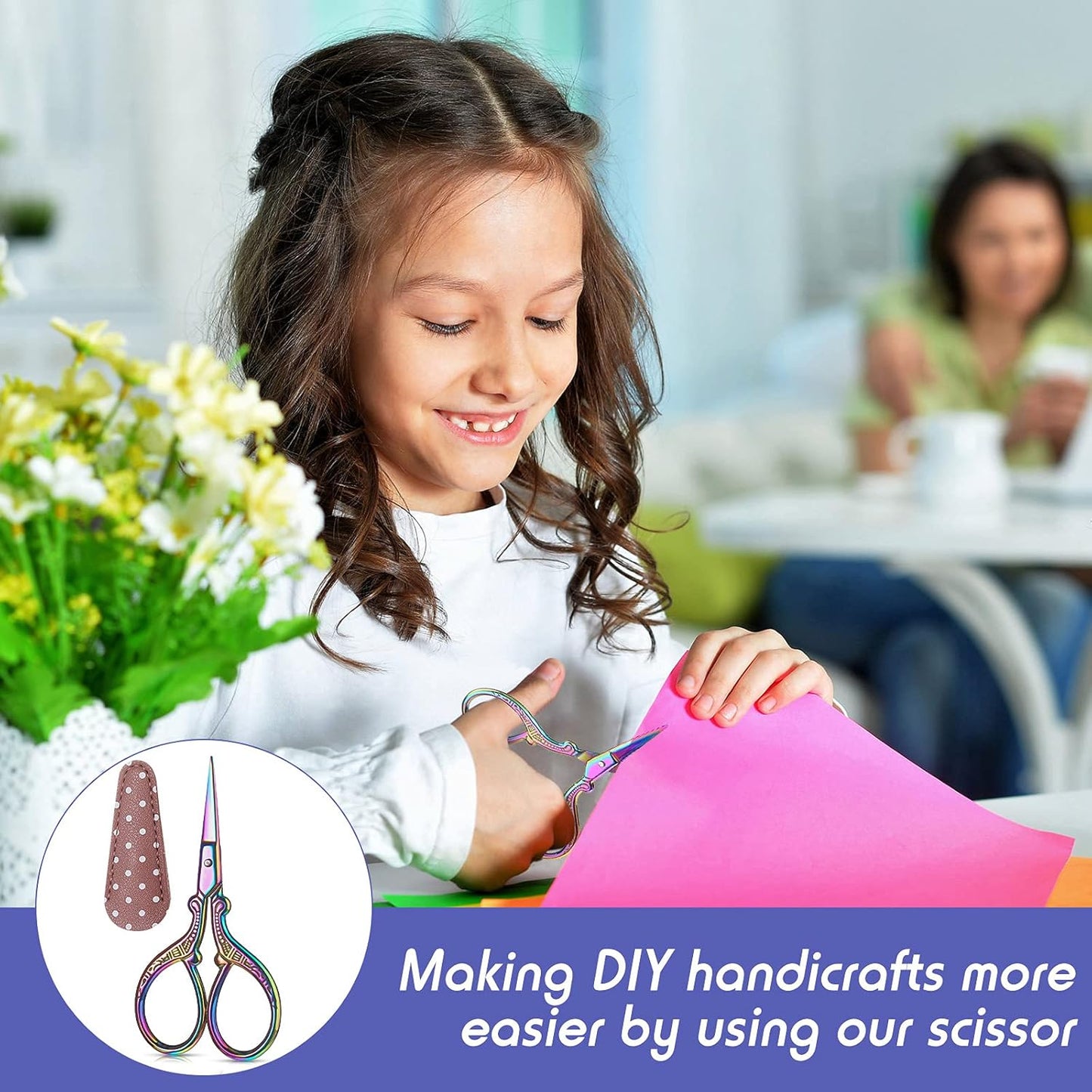 Honoson 4 Pcs Sewing Embroidery Scissors with 4 Pcs Artificial Leather Cover 3.6 Inch Stainless Steel Stork Scissors Vintage Embroidery for Needlework Manual Sewing Handicraft(Retro Colors)