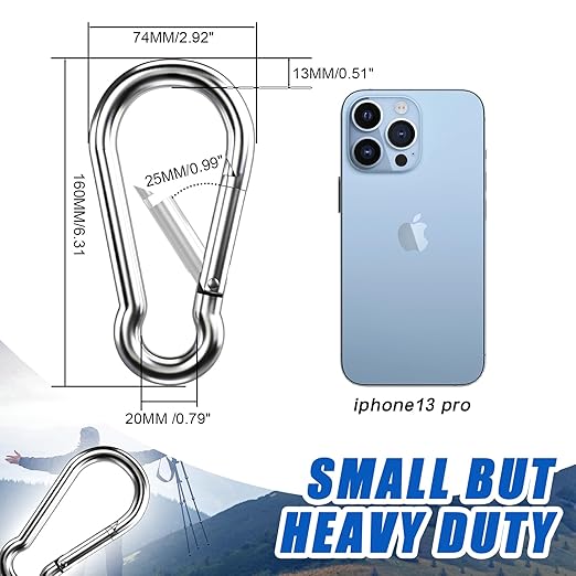 Large Carabiner Clip Hooks, 1pc 6.2 inch Carabiners Heavy Duty, 304 Stainless Steel Spring Snap Hook Fits Camping Hanging Hiking Weight Lifting, Metal Clips for Rope or Chain