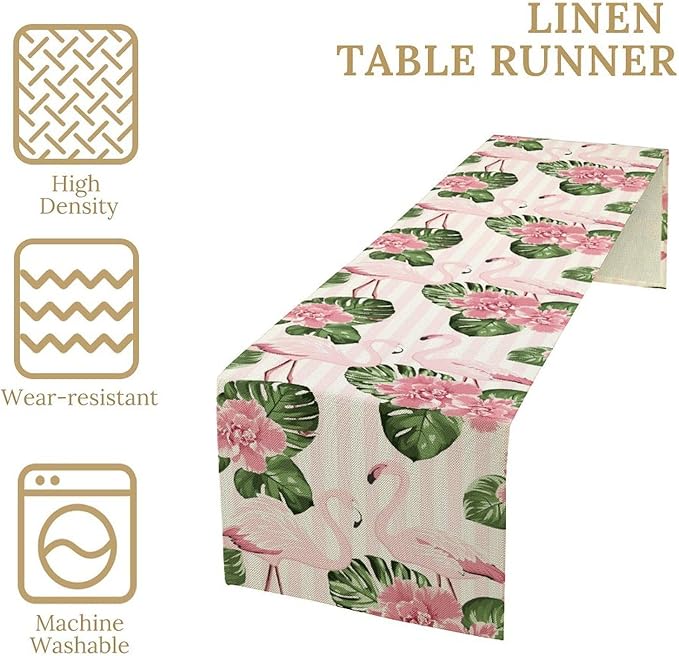 Tropical Table Runner,Retro Flamingo Hawaii Summer Palm Leaves Flower Stripes Table Center Decor for Family Kitchen Living Room Outdoor Farmhouse Party Table Decorations, 13"x108"