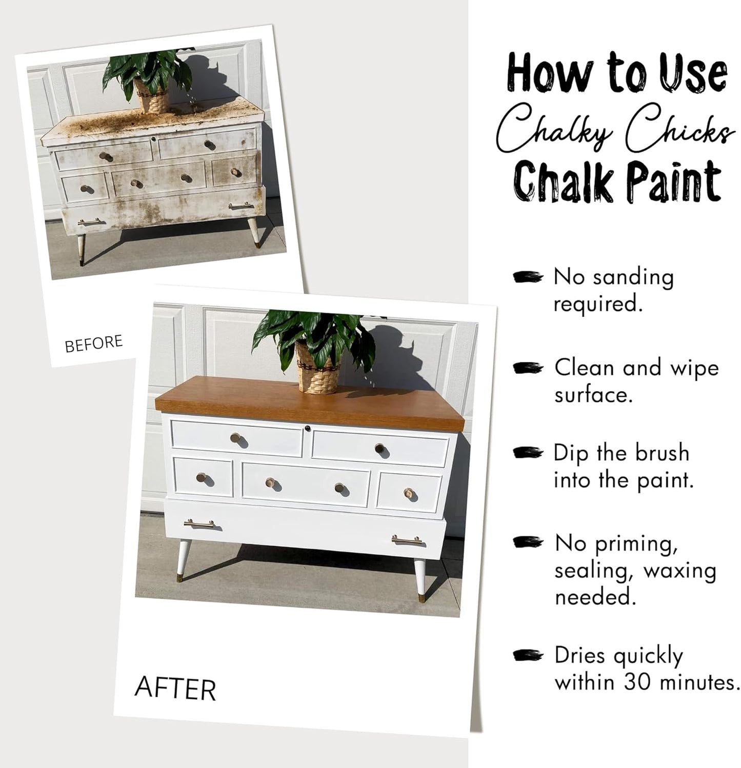 Chalky Chicks All-in-One Chalk Paint for Furniture or Cabinet - 4 Fl Oz - Matte Finish CottonTail White for Metal, Wood Furniture Paint - No Sanding All-in-One for Home Decor & Crafts, USA Made