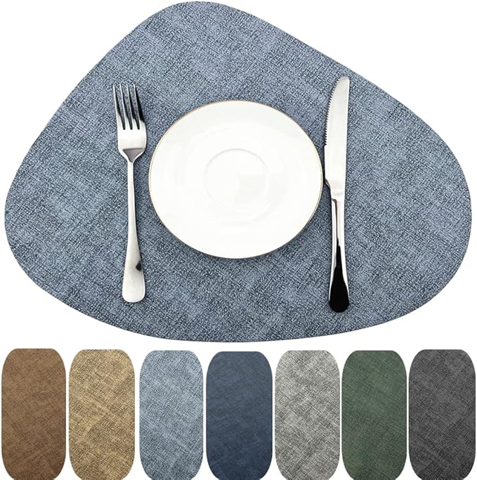 WAZAIGUR Washable Wipeable Waterproof Heat Resistant Faux Leather Placemats Set of 6,PU Palce Mats for Indoor and Outdoor,Easy to Clean Table Mats,Blue-Grey