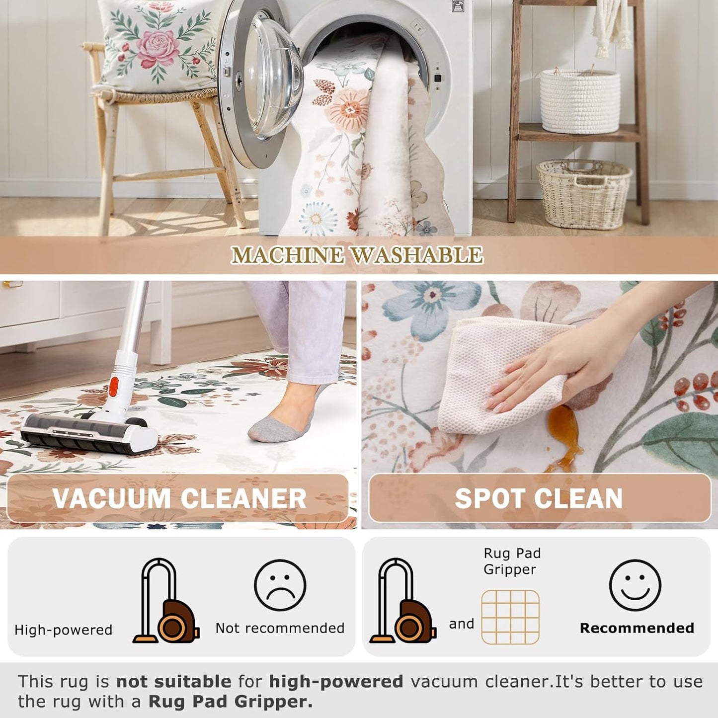 Beeiva Living Room Rugs 8x10 - Scalloped Floral Printed Soft Non Slip Washable Flower Rug for Bedroom Under Bed Boho Aesthetic Rugs Stain Resistant Large Carpet for Nursery Dorm(Beige,8x10ft)