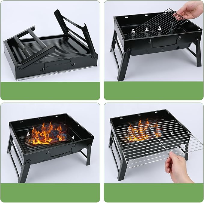 Portable Charcoal Grill for Camping Tailgating Beach Boating Foldable Small Barbeque Grill for Outdoors Lightweight Tabletop BBQ Grill Set with Tongs Gloves Scrubber