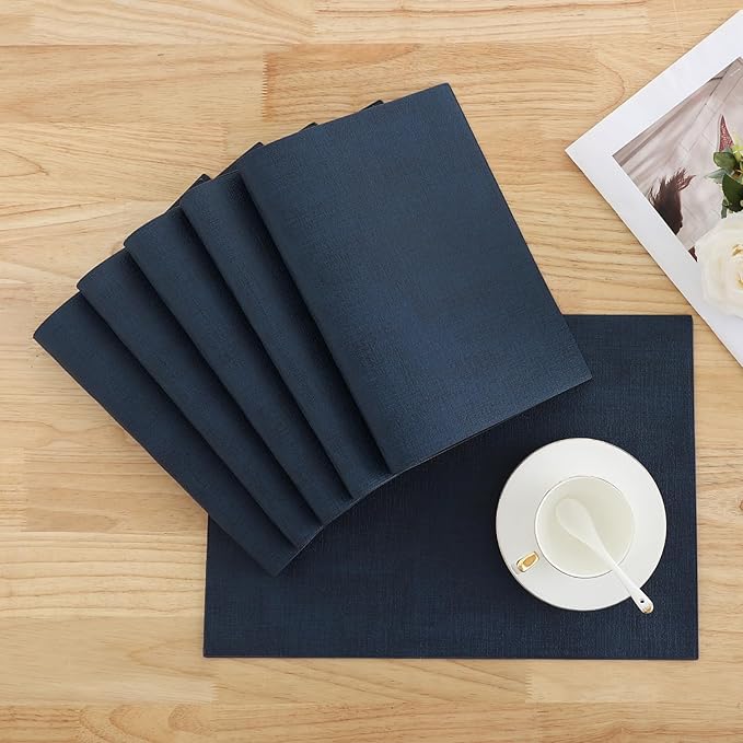 Homaxy Faux Leather Heat Resistant Placemats for Dining Table Set of 6, Waterproof Wipeable Washable PU Table Mats, Easy to Clean Anti-Slip Place Mats, 11.8" x 17", Navy Blue