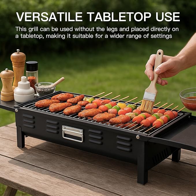 comzenz 35’’ Portable Charcoal Grill Folding BBQ Grill for Outdoor Grilling Cooking Camping Hiking Picnics Tailgating Backpacking Party, With Storage Bag & Non-Stick Frying Pan, Matte Black