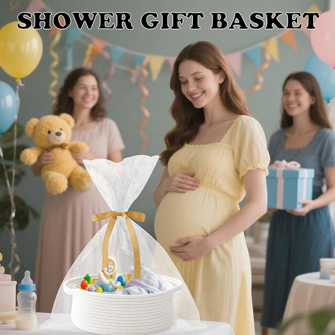 Gift Basket with Gift Bag and Ribbons,Small Rope Woven Shelf Storage,Baskets for Gifts Empty,Birthday,Baby Shower,Decorative Organizer Box with Handles(White)