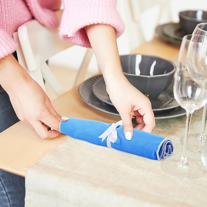 Saintrygo 6 Pieces Anti Tarnish Silver Storage Bags silverware Blue Holder for Flatware Storage Organizer Place Setting Roll with White Ribbon for Kitchen Utensils