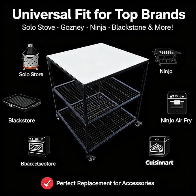 JIN BETTER GRILL PARTS Heavy-Duty Steel Frame Outdoor Kitchen Cart | Stainless Steel Tabletop & 4 Locking Wheels | 31.5" Versatile BBQ Workstation for Ninja, Blackstone, Pizza Ovens
