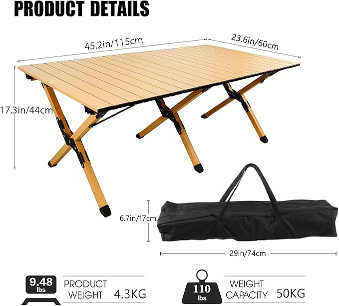 Folding Camping Table, Lightweight Roll-Up Table Aluminum Low Portable Picnic Table with Carrying Bag for Outdoor, Beach, Picnic, Backyards, BBQ and Party, 45.2''D x 23.6''W x 17.3''H