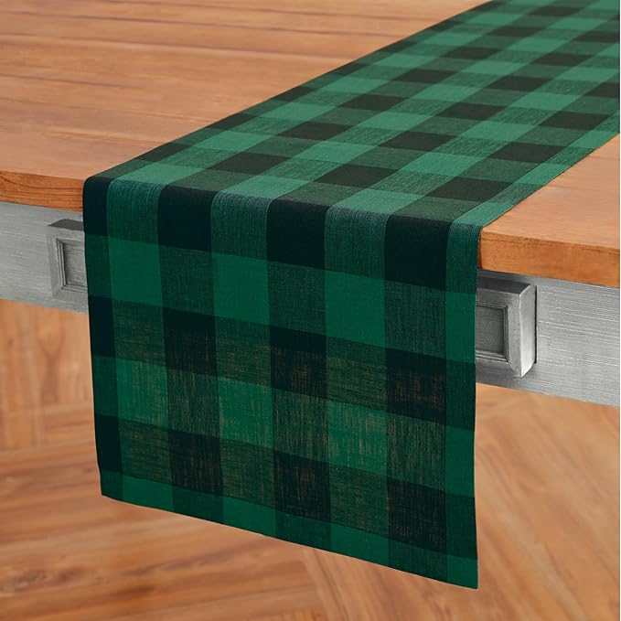 Solino Home Linen Checkered Table Runners 90 Inches Long - 100% Pure Linen Green and Black Buffalo Check Table Runner 14 x 90 Inch Ideal for Dining, Winter