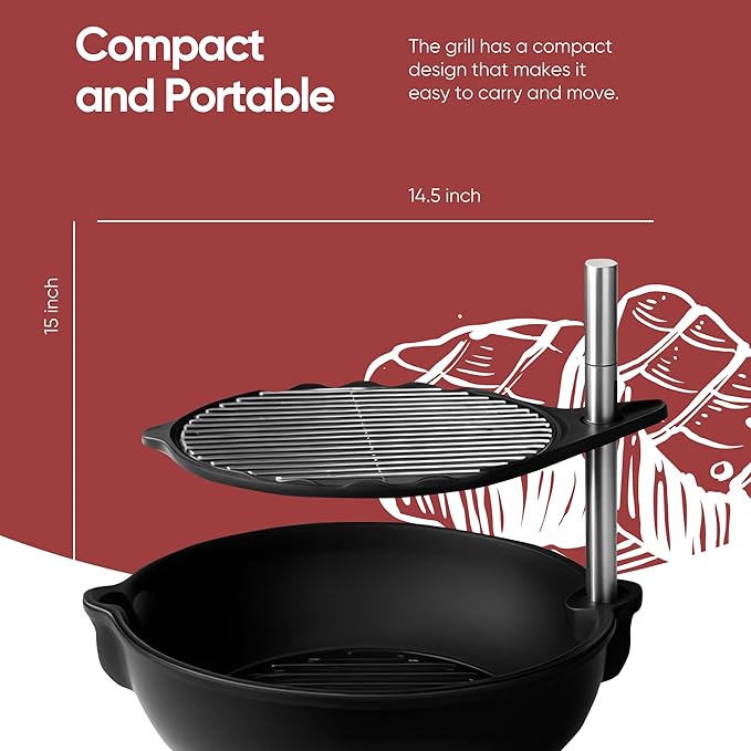 Bola Grill Traveler Portable Charcoal Grill – Small Tabletop BBQ Grill with Adjustable & Rotating Grate for Outdoor Cooking, Camping & Backyard BBQ (Black)