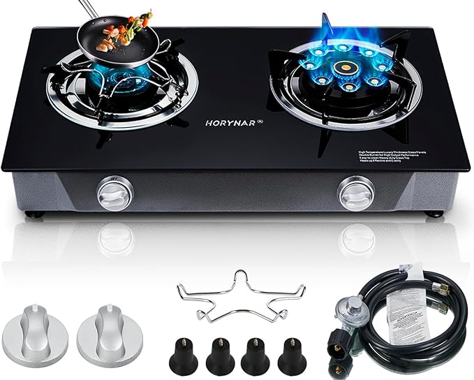 Propane Stove 2 Burner Gas Stove Novel 9 Copper Propane Burners Auto Ignition Tempered Glass with LPG CSA Hose for Outdoor Cooking,Emergency