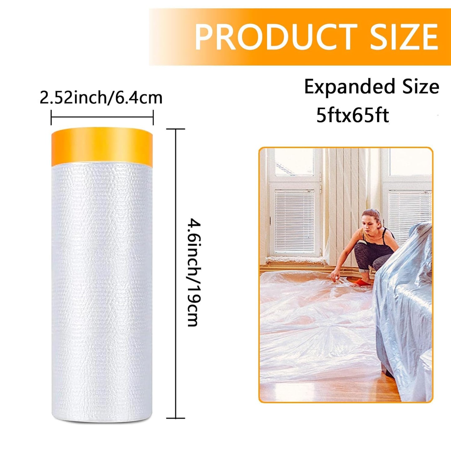 Painters Plastic with Tape 59inx65ft,Pre-Taped Masking Film Automotive Tape and Drape,Tear-Resistant Plastic Painting Film for Car Painting & Home Renovation (4 Rolls)