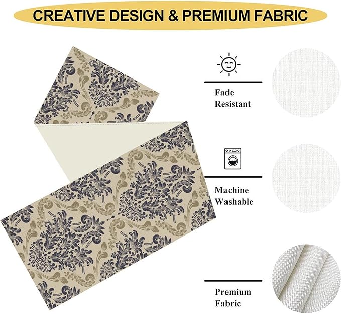 Blue Damask Table Runner, Boho Baroque Style Floral Flower Antique Classic Rustic Gothic Vintage Coffee Table Center Decor for Kitchen and Dining Outdoor Home Country Party Table Decorations, 13"x36"