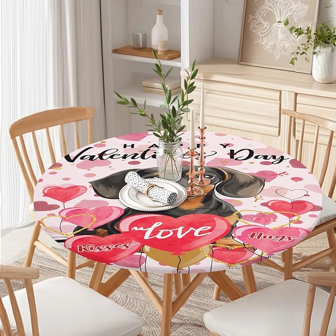 Valentines Day Round Fitted Tablecloth with Elastic Pink Love Heart Dog Circle Table Cloth for 44-48" Tables Wipeable Waterproof Washable Valentine Puppy Table Cover for Picnic Dining Party Decor