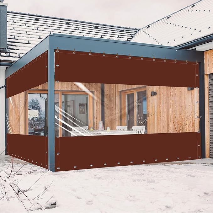 20 Oz Outdoor Vinyl Curtain, Outdoor Clear Panel Curtain, Weather Resistant Outdoor Curtain for Pergola, Porch, Gazebos, with Rustproof Grommets (8'H x 7'W, Brown)