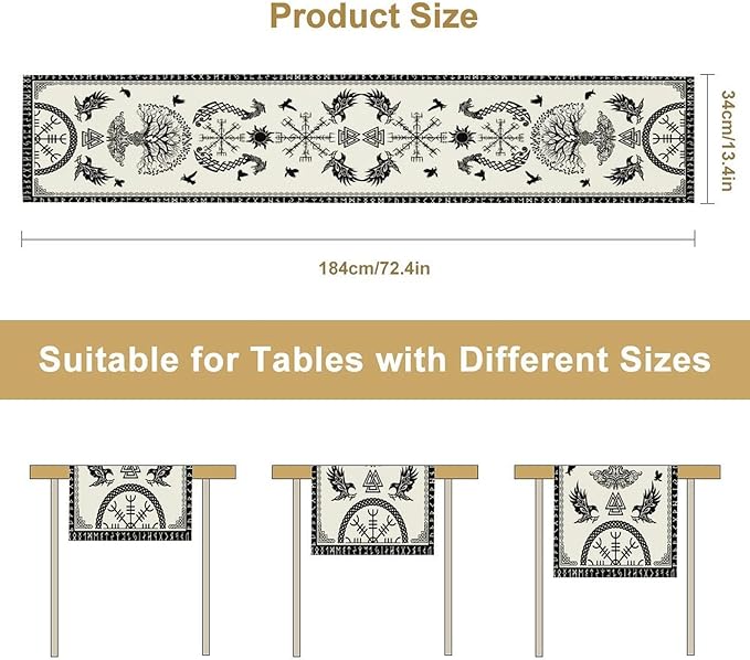 Viking Tree of Life Table Runner, Raven Helmet of Awe Seasonal Table Runner for Kitchen Dining Home Party 13x60in