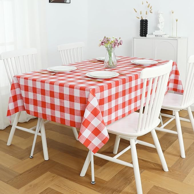 Romanstile Gingham Rectangle Plastic Tablecloth, 100% Waterproof Oil-Proof Checkered PVC Table Cloth, Heavy Duty Vinyl Table Cover for Dining, Camping, Picnic, Outdoor - 54 x 78 Inch, Red and White