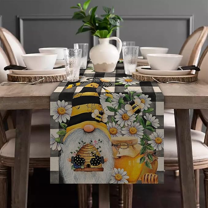 Seliem Spring Bee Gnome Table Runner, Honey Black White Buffalo Plaid Check Home Kitchen Dining Decor, Summer Seasonal Farmhouse Daisy Decorations Indoor Outdoor Anniversary Party Supply 13 x 90 Inch
