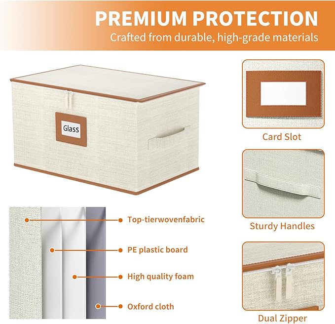 Aokeyee Wine Glass Storage Box Containers with Dividers - 2 Pack Stemware Storage Cases for 24 Crystal Glasses, Drinkware, Hard Shell for Moving & Protection(17'' x 12.8'' x 10.25'', Ivory)