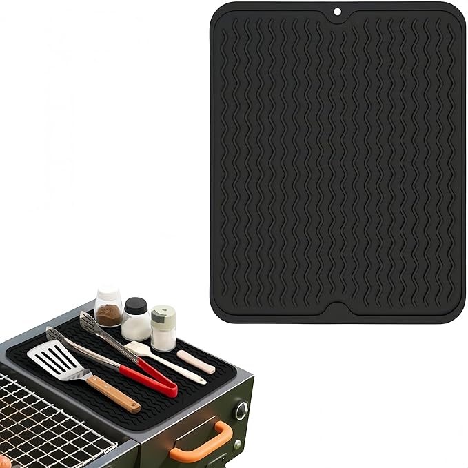 Grill Accessories, 14x11 Inch Silicone Heat Resistant Mat, BBQ Tool Rest Pad for Blackstone Griddle Side Shelf, Weber, Traeger, Outdoor Kitchen Countertop Protector (Black)