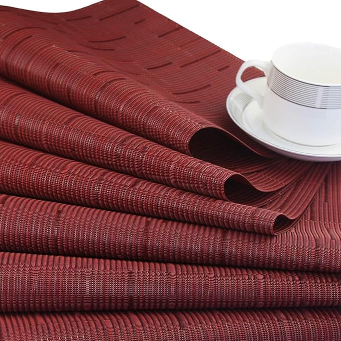 Vinyl Placemats,Washable Table Mats Easy to Clean Woven Placemats for Dining Table Set of 4(Burgundy Red)