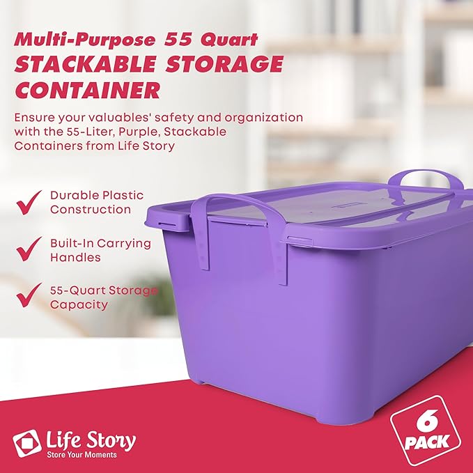 Life Story 6 Pack Light Duty Stackable Storage Bin, 55 Quart Home Organizer, Versatile Lightweight Locking Bins with Carrying Handles, Purple