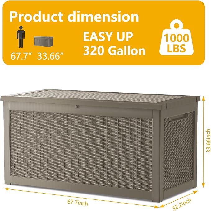 320 Gallon Deck Box, Resin Outdoor Indoor Waterproof Storage Box, Lockable Storage Box With Handle for Patio Furniture - Garden Tools - Swimming Pool Tools UV-Resistant (Grey 320 Gallon)
