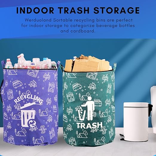 1 Pcs 30 Gallon Collapsible Trash Can Portable Waterproof Reusable with Zippered Lid for RV's, Camping, Recycling, Yard Waste, Leaf Bag, Children Toy Bin (Recycling)