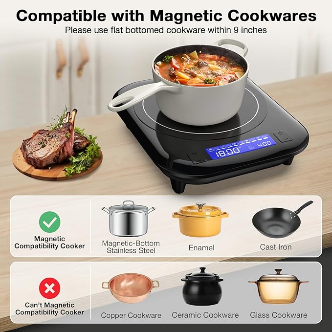 Single Induction Cooktop,1800W 110V Single Burner Cooktop,Induction Hot Plate with 5 Cooking Modes, Electric burner with LCD touch control,9 Temperature Levels & 4H Timer,Overheat protection