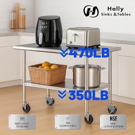 Hally Stainless Steel Table for Prep & Work 30 x 36 Inches with Caster Wheels, NSF Commercial Heavy Duty Table with Undershelf and Galvanized Legs for Restaurant, Home and Hotel