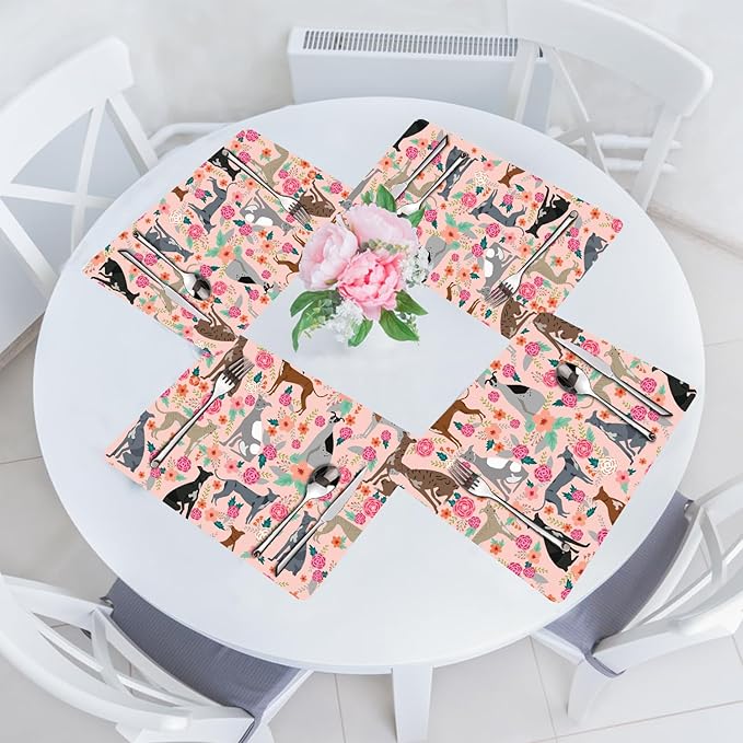 Dog Placemats Set of 4 - Animal Heat Resistant Placemats for Dinner Table, Non-Slip Waterproof Oil-Proof Washable Reusable Placemat for Indoor Outdoor Kitchen Decor, 15.75In*11.81In
