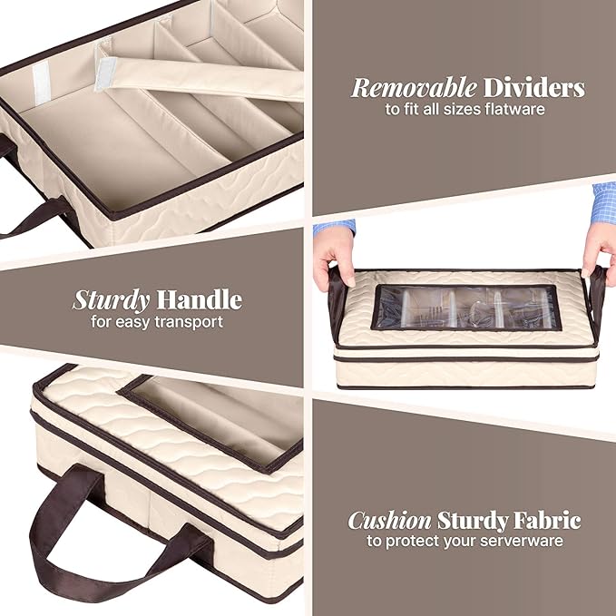 Flatware Storage Case - Durable 5 Compartment Silverware Storage Container Box with Removable Lid and Easy to Carry Handles - Large Capacity Keeps Your Cutlery Organized & Protected - Beige