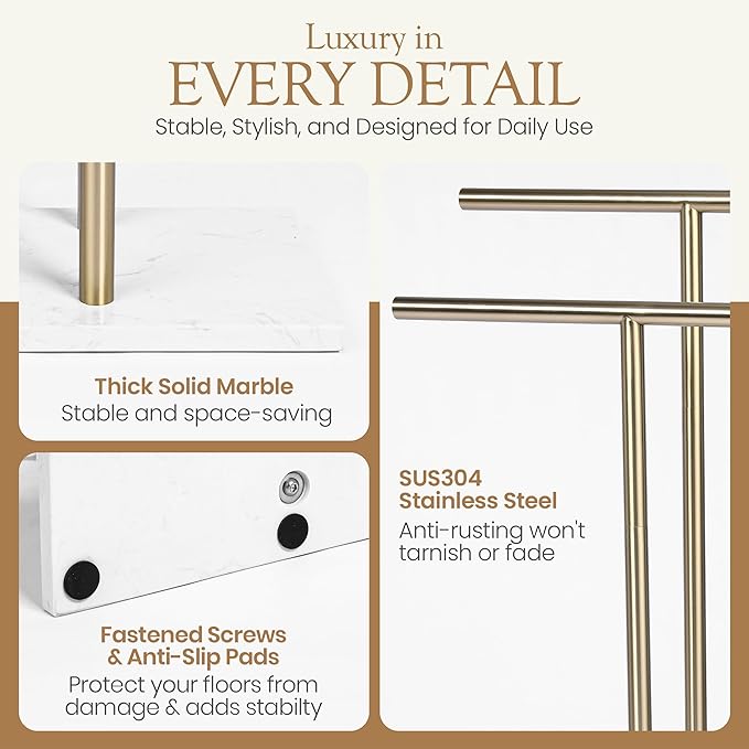 Free Standing Towel Rack for Bathroom - Satin Gold Finish - Stand Alone 2 Tier Stainless Steel Towel Rack for Bathroom Floor with Heavy Marble Base, Double T Shape Drying Stand for Towels