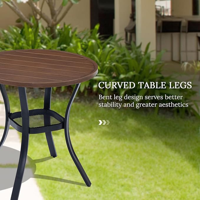 VICLLAX 27.5" Outdoor Round Patio Table for Lawn Garden, All Weather Metal Round Patio Dining Table with Storage Shelf, 2 Person Small Patio Table, Walnut Wood Grain