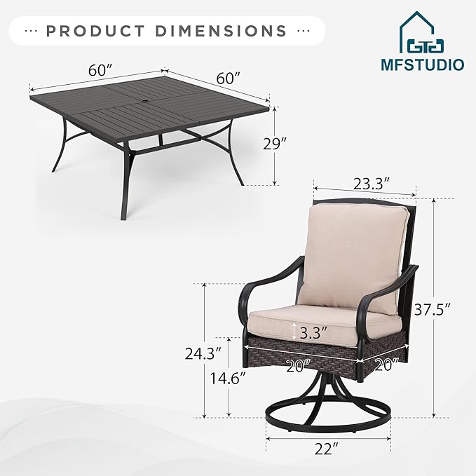 MFSTUDIO 9 Pieces Patio Dining Set, Cushioned Chairs and Metal Square Dining Table for 8, Patio Dining Sets with Swivel Chairs, Large All Weather 8 Person Dining Furniture for Deck, Backyard